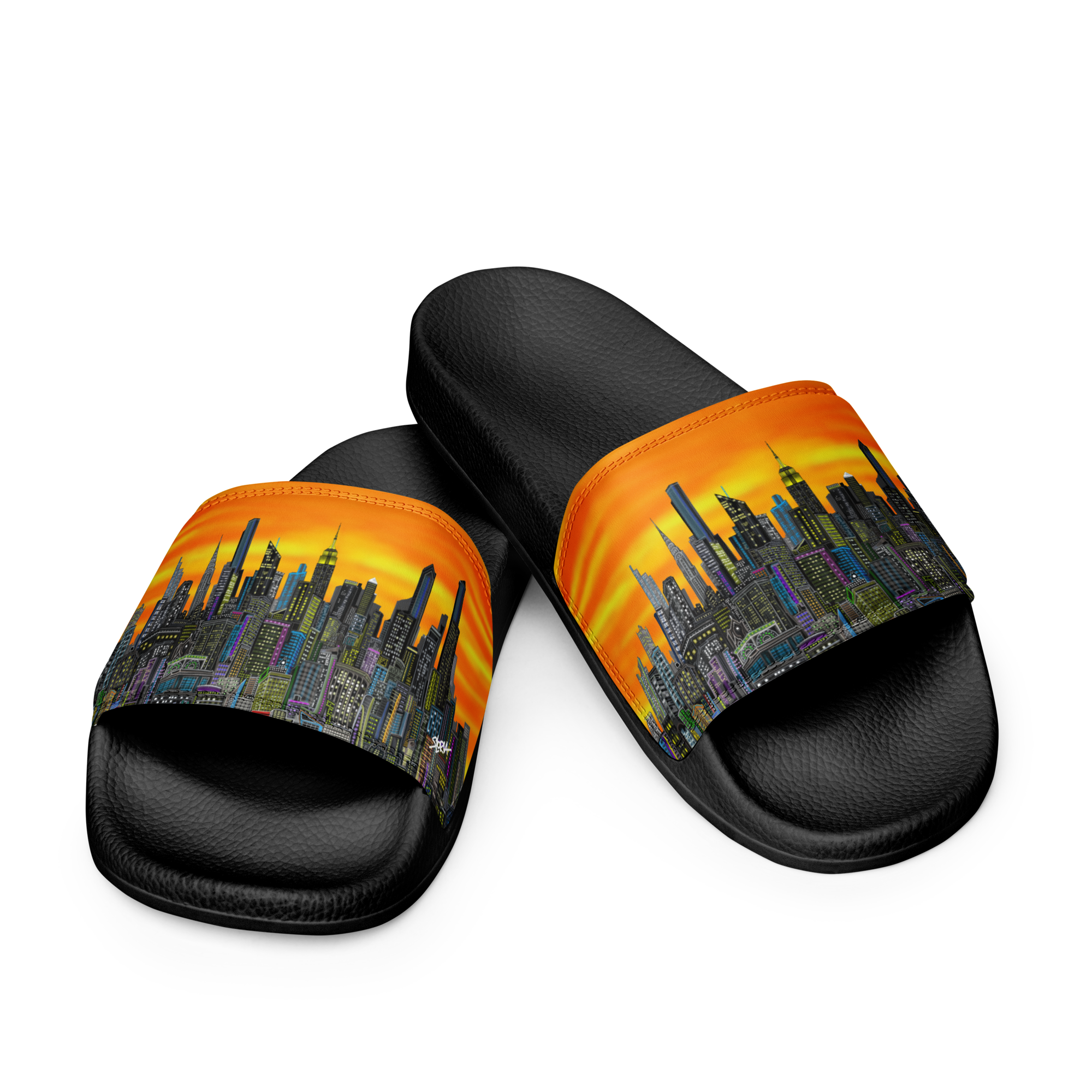 Black slide sandals with cityscape Loria NYC Art design on an orange background