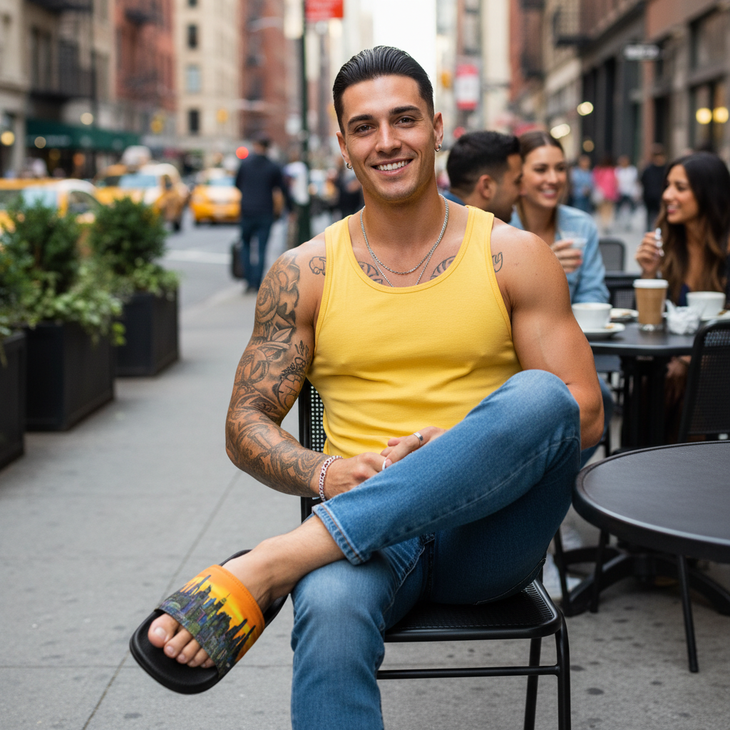 Man wearing Loria NYC ART sandal slides and yellow tank top and blue jeans sitting on a chair in an urban setting.