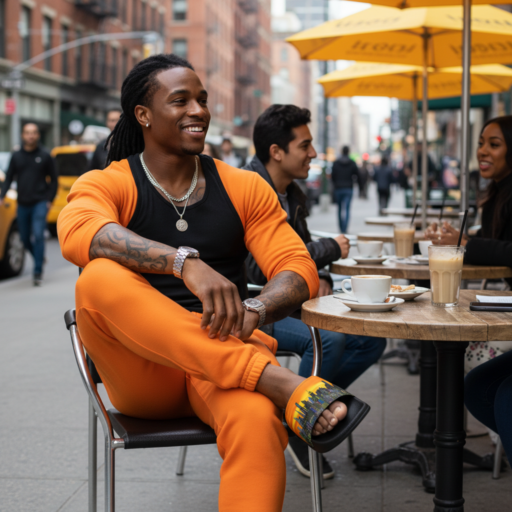 Person in orange Loria NYC Art sandal slides and pants sitting at an outdoor cafe table with a city street background