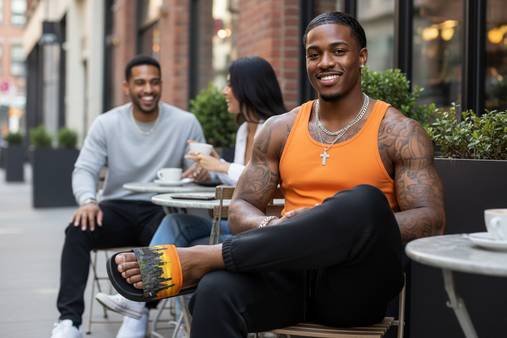 Man wearing orange Loria NYC Art slide sandals and tank top sitting outdoors with friends at a cafe.