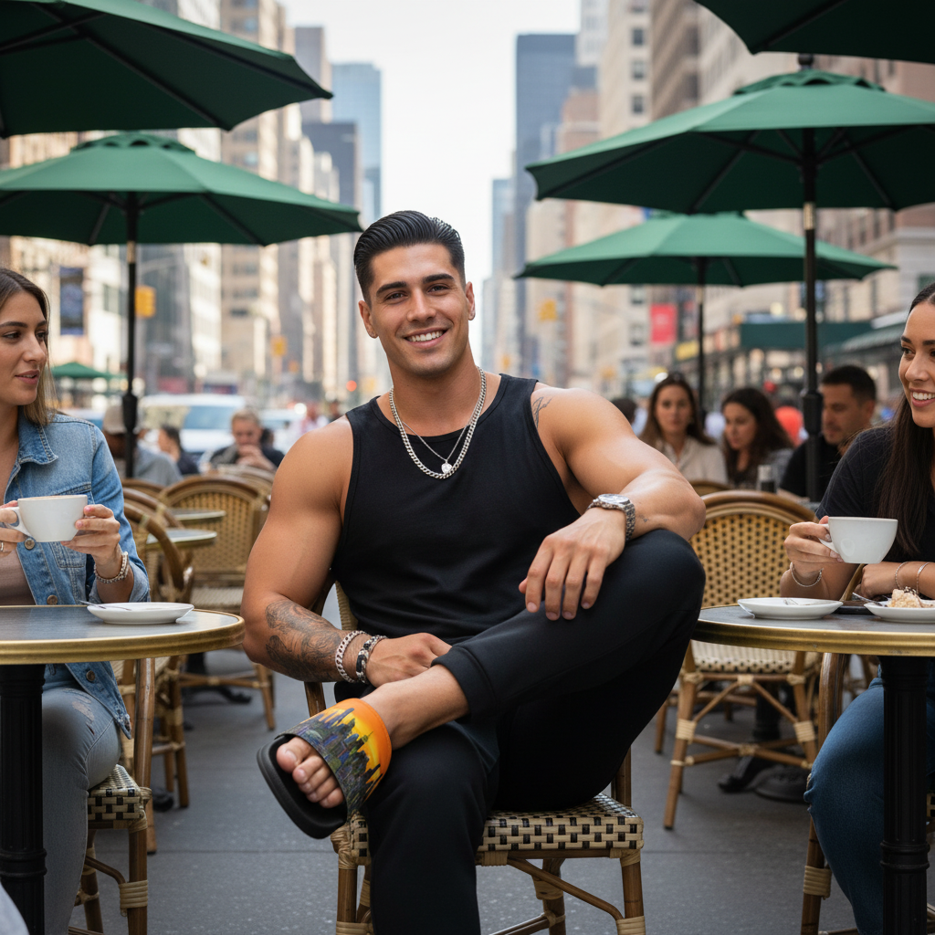 Man wearing Loria NYC Art slide sandals sitting at an outdoor cafe table with cityscape in the background