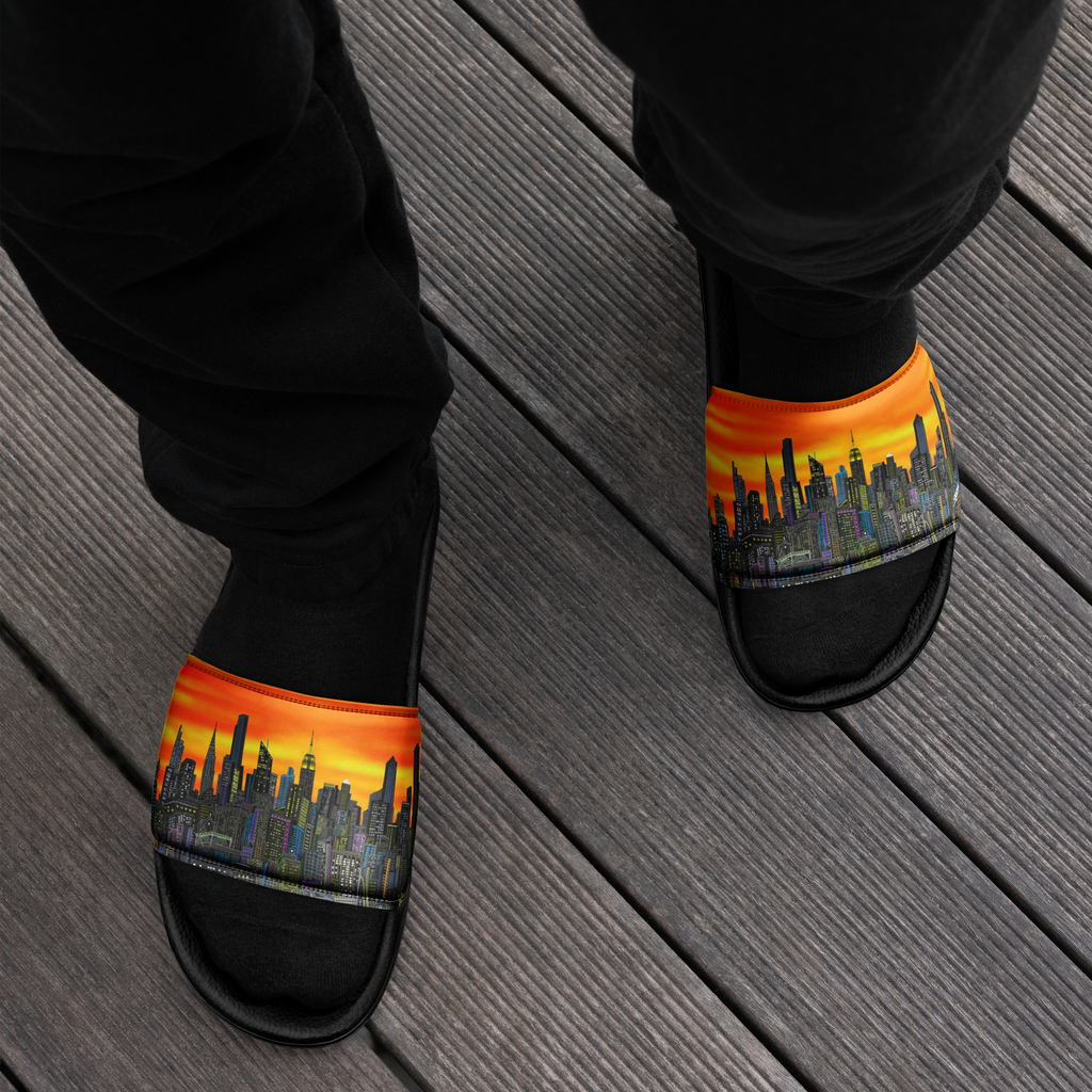 Black slippers with cityscape Loria NYC Art design on a wooden floor