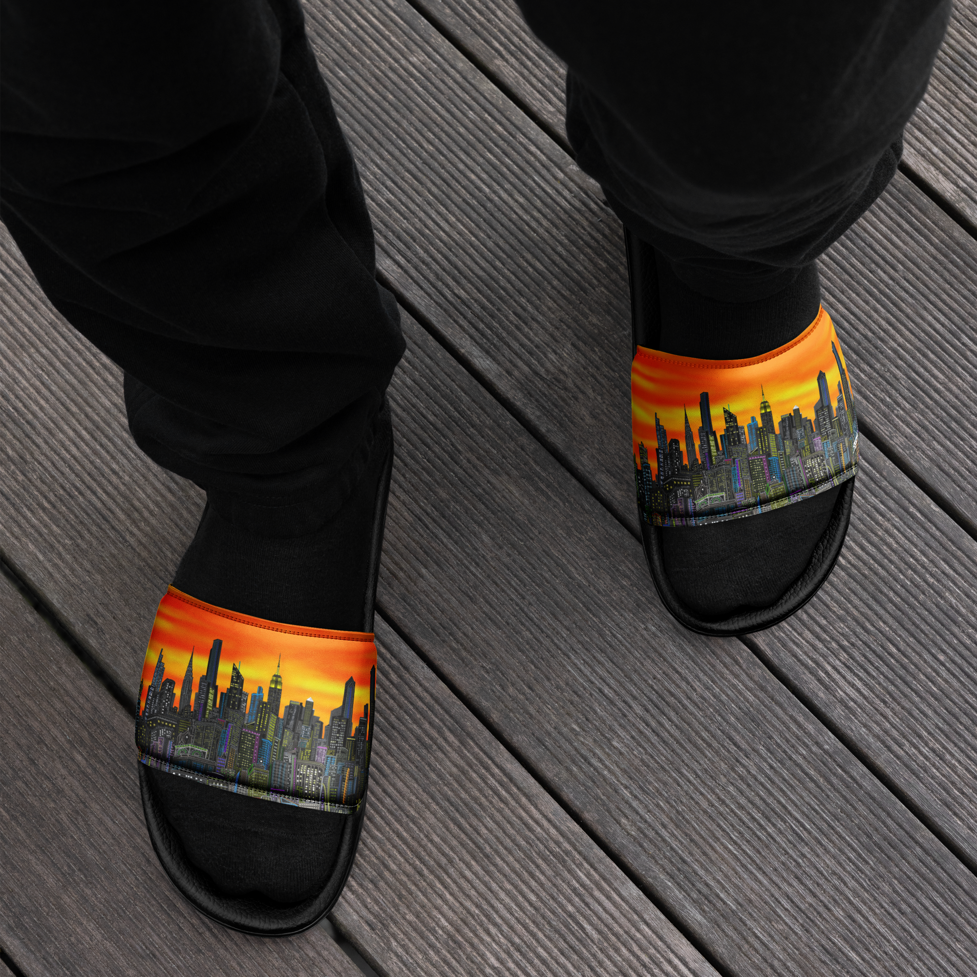 Black slippers with cityscape Loria NYC Art design on a wooden floor