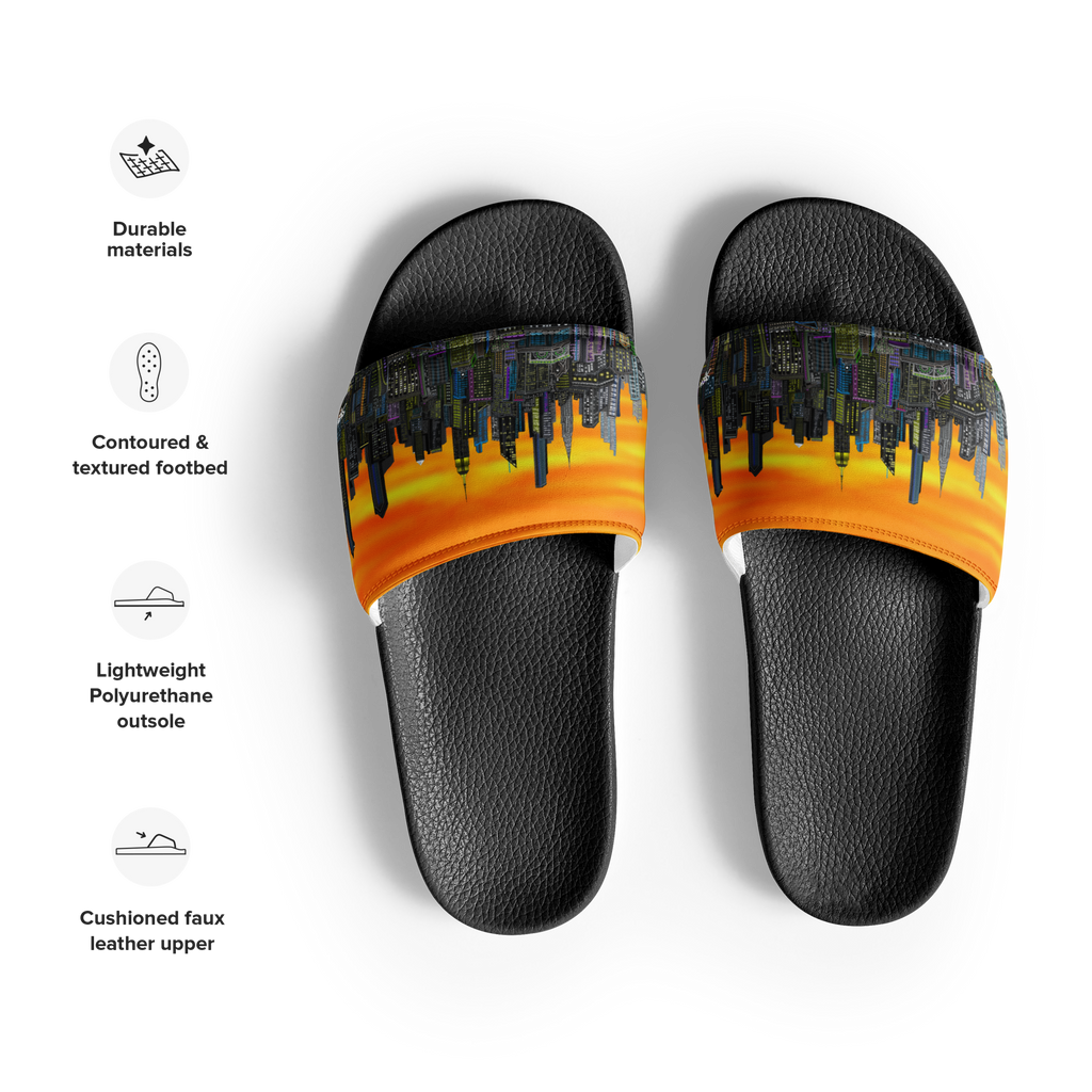 Black slide sandals with colorful Loria NYC Art design on a white background