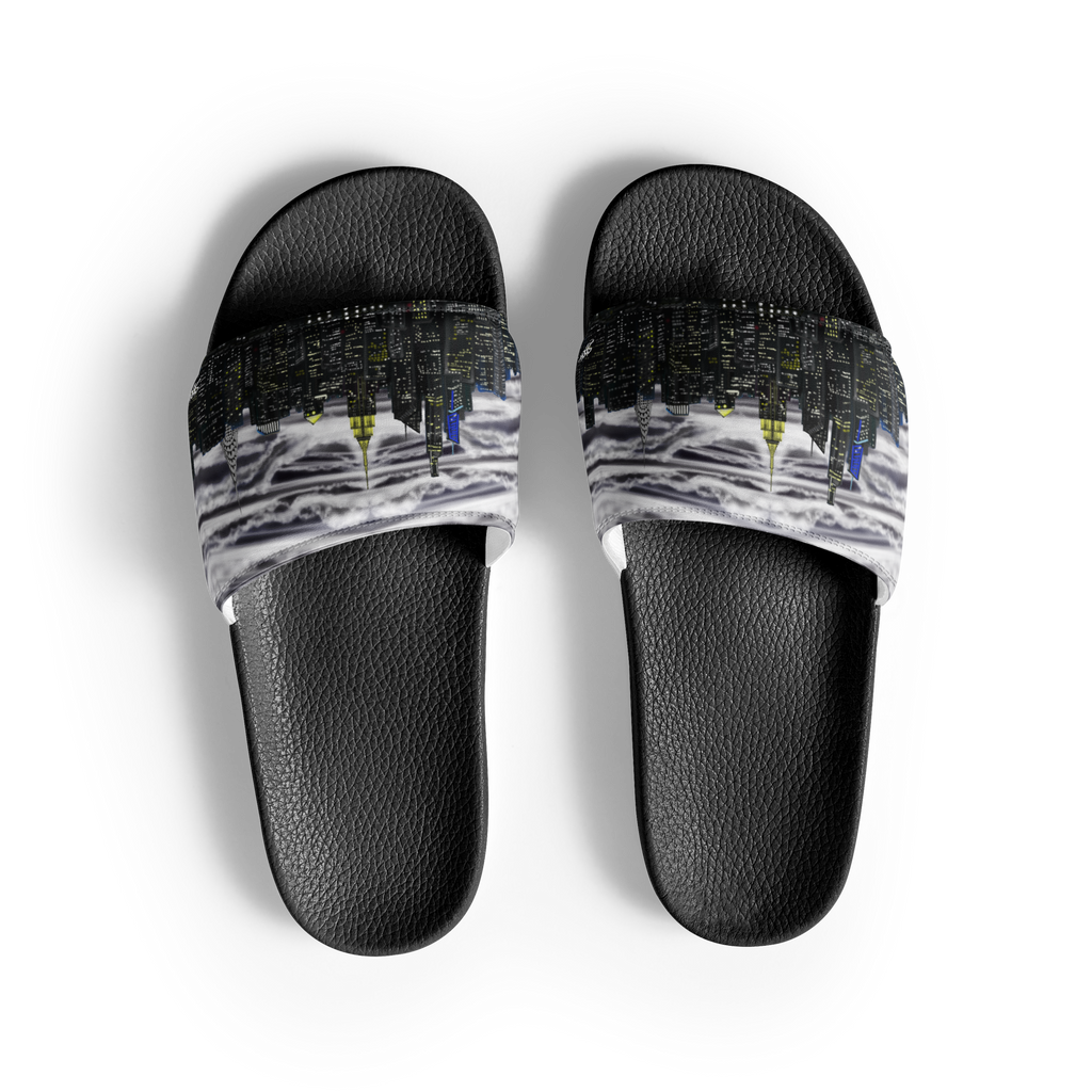 Black slide Loria NYC Art sandals with patterned straps on a white background