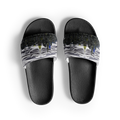 Black slide Loria NYC Art sandals with patterned straps on a white background