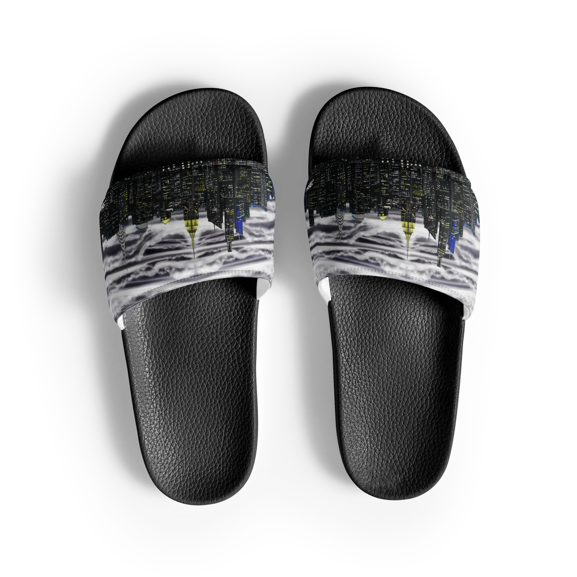 Black slide Loria NYC Art sandals with patterned straps on a white background