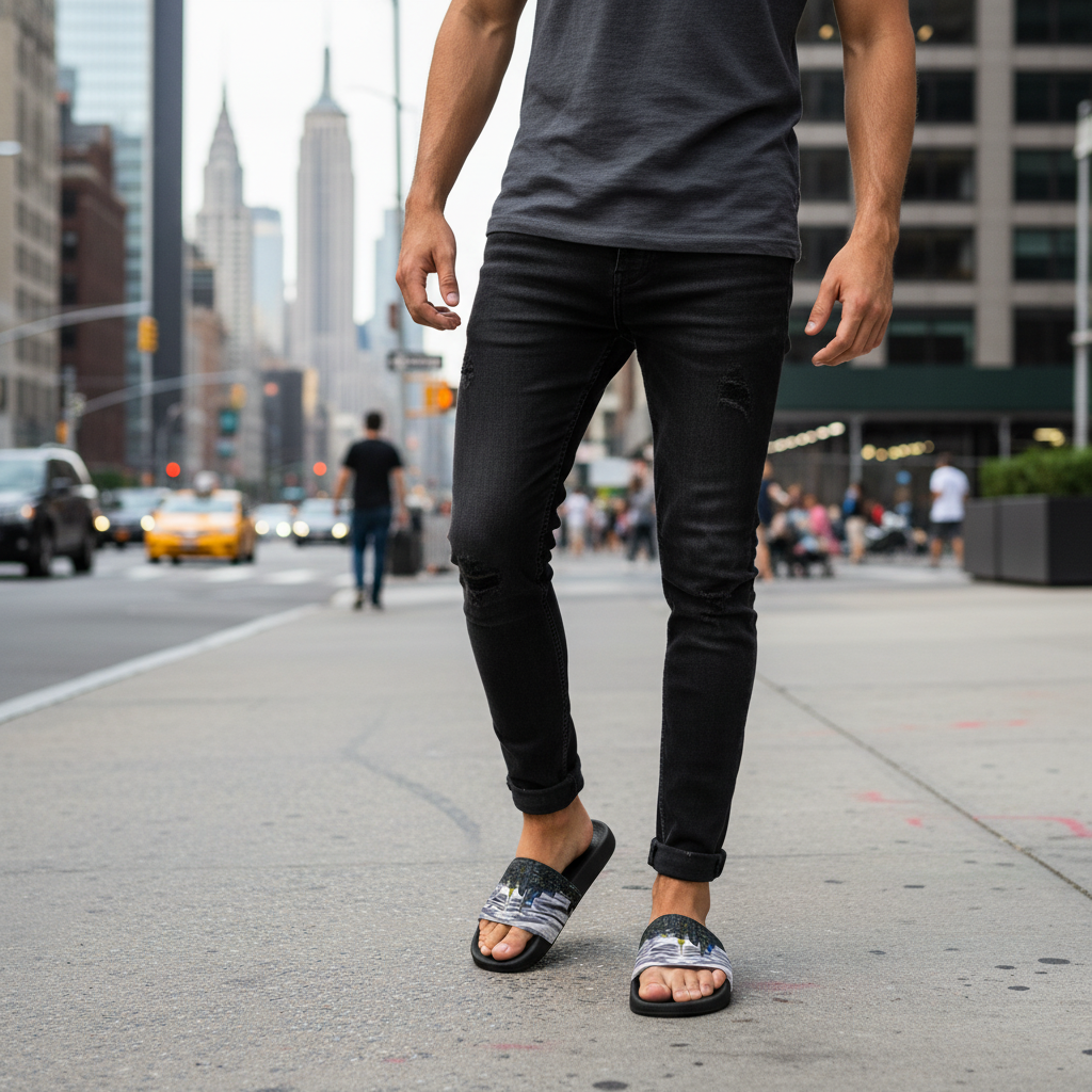 Person wearing black jeans and Loria NYC Art sandals on a city street