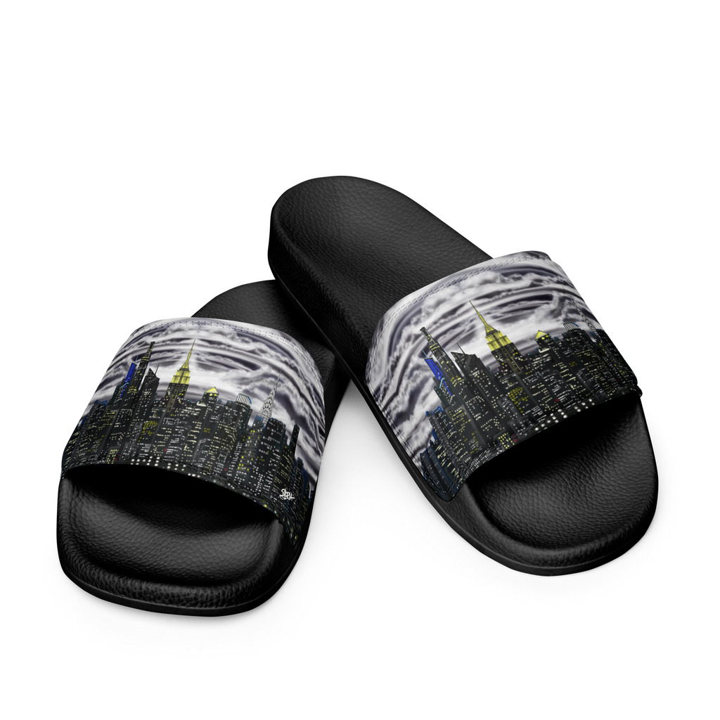 Black slide sandals with cityscape Loria NYC Art design on a white background