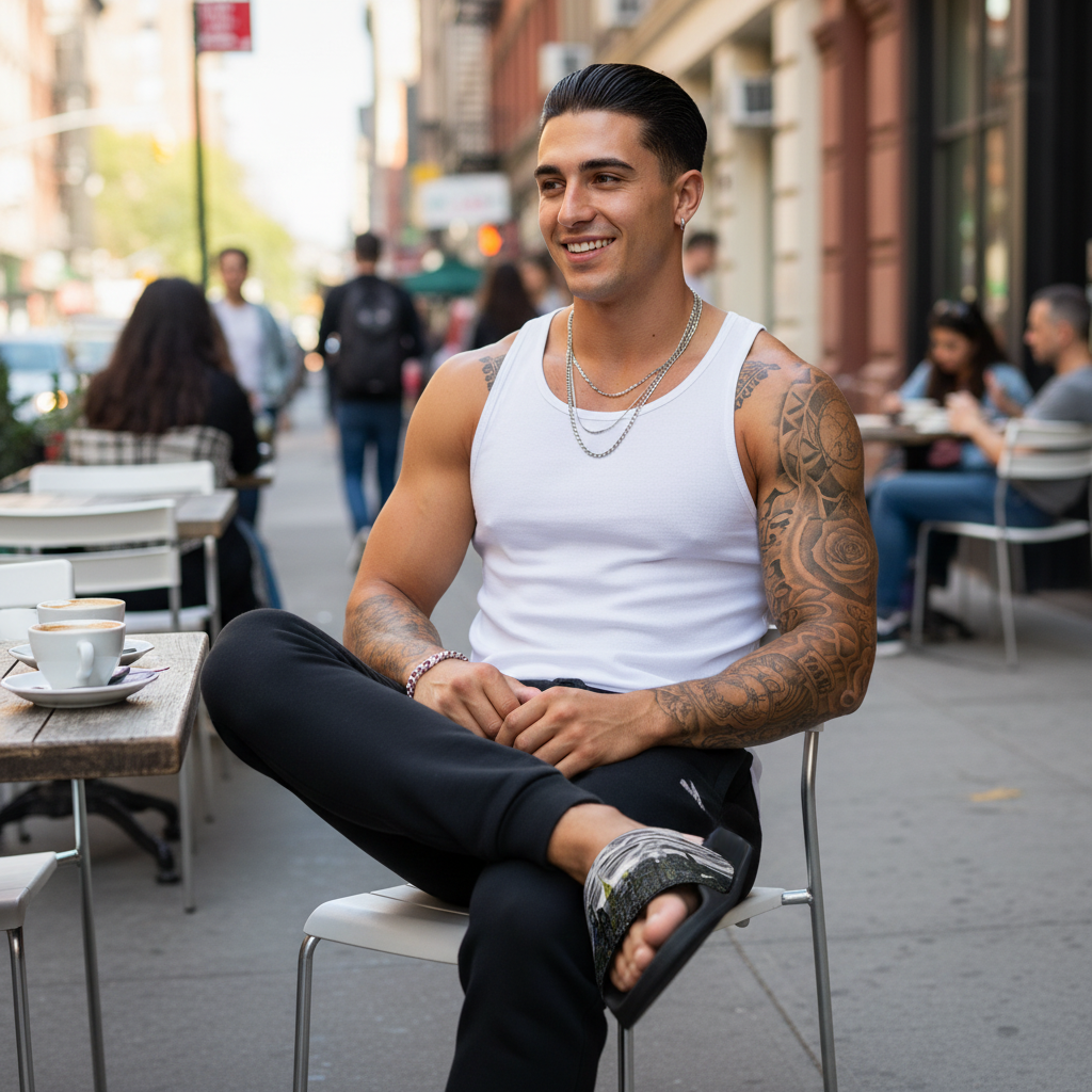 Man sitting outdoors on a city street, wearing Loria NYC Art slide sandals, white tank top and black pants.