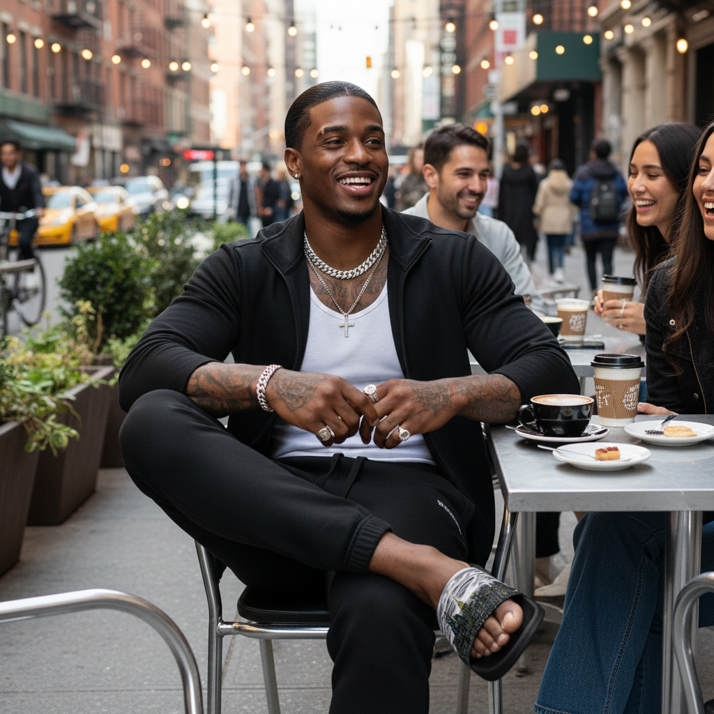 Man wearing Loria NYC Art slide sandals sitting at an outdoor cafe table with friends, smiling.