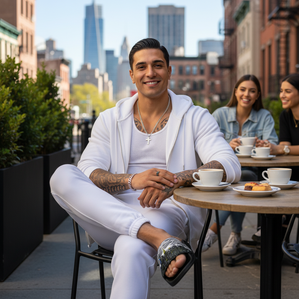 Man wearing Loria NYC Art sandal slides sitting at a table with coffee and pastries, smiling, with a cityscape in the background