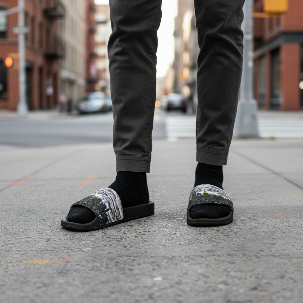 Person wearing black slides with white Loria NYC Art on a city street.