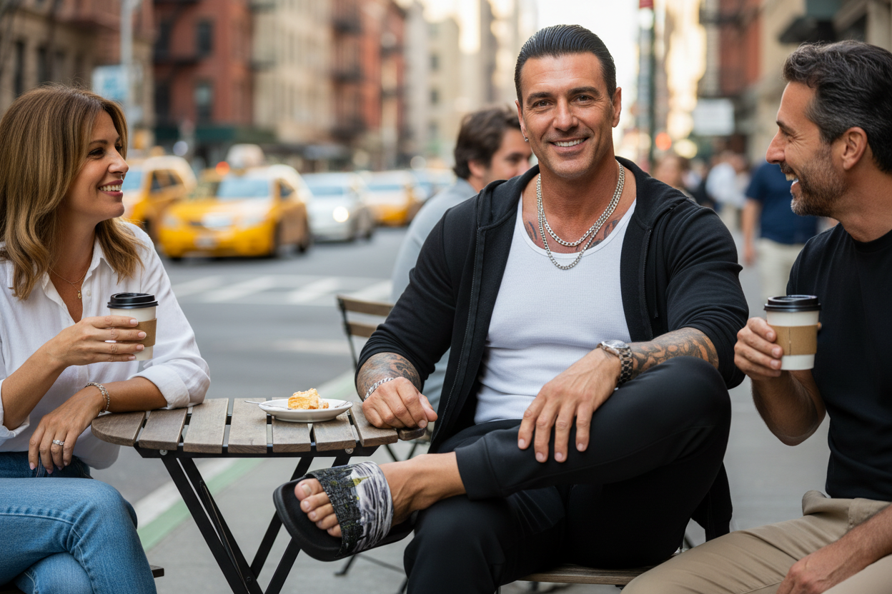 Man wearing NYC Art sandal slides with people sitting at a table on a city street, enjoying coffee and food.