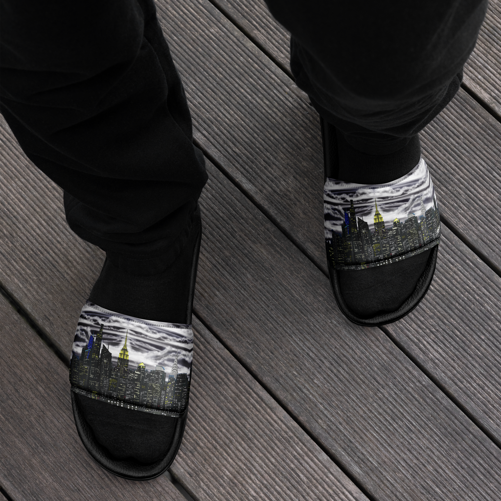 Black slippers with cityscape Loria NYC Art design on a wooden floor