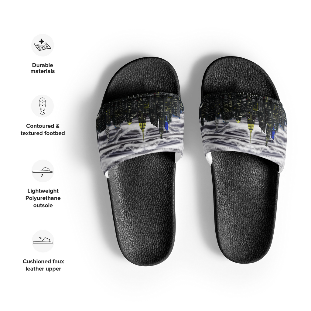 Black slide Loria NYC Art sandals with patterned straps on a white background, featuring durability and comfort attributes.