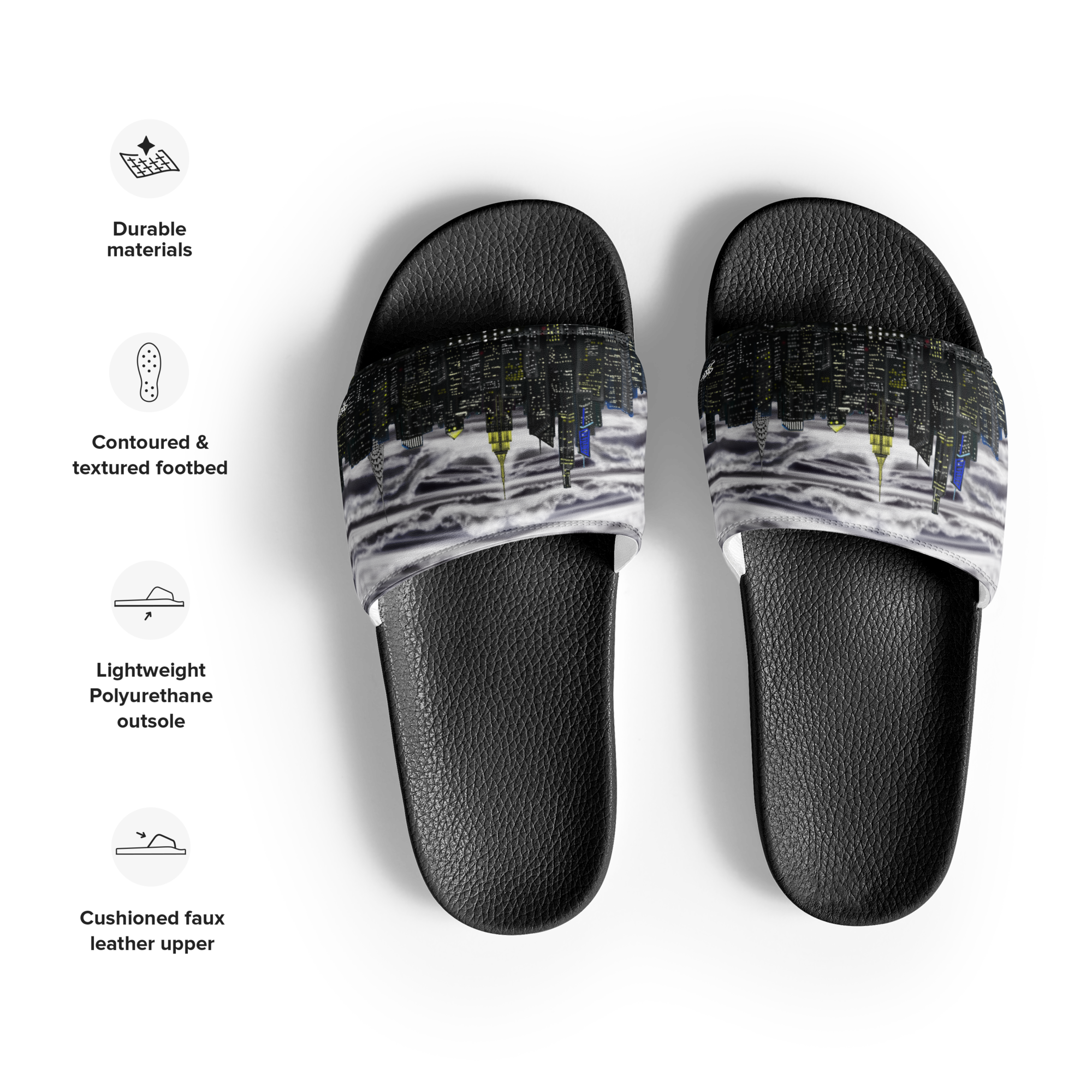 Black slide Loria NYC Art sandals with patterned straps on a white background, featuring durability and comfort attributes.