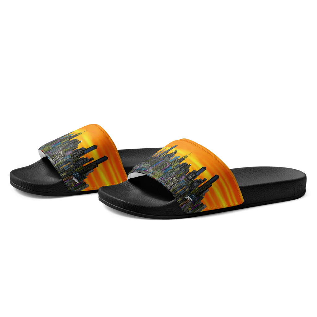 Black Loria NYC Art slides with orange and yellow design on a white background