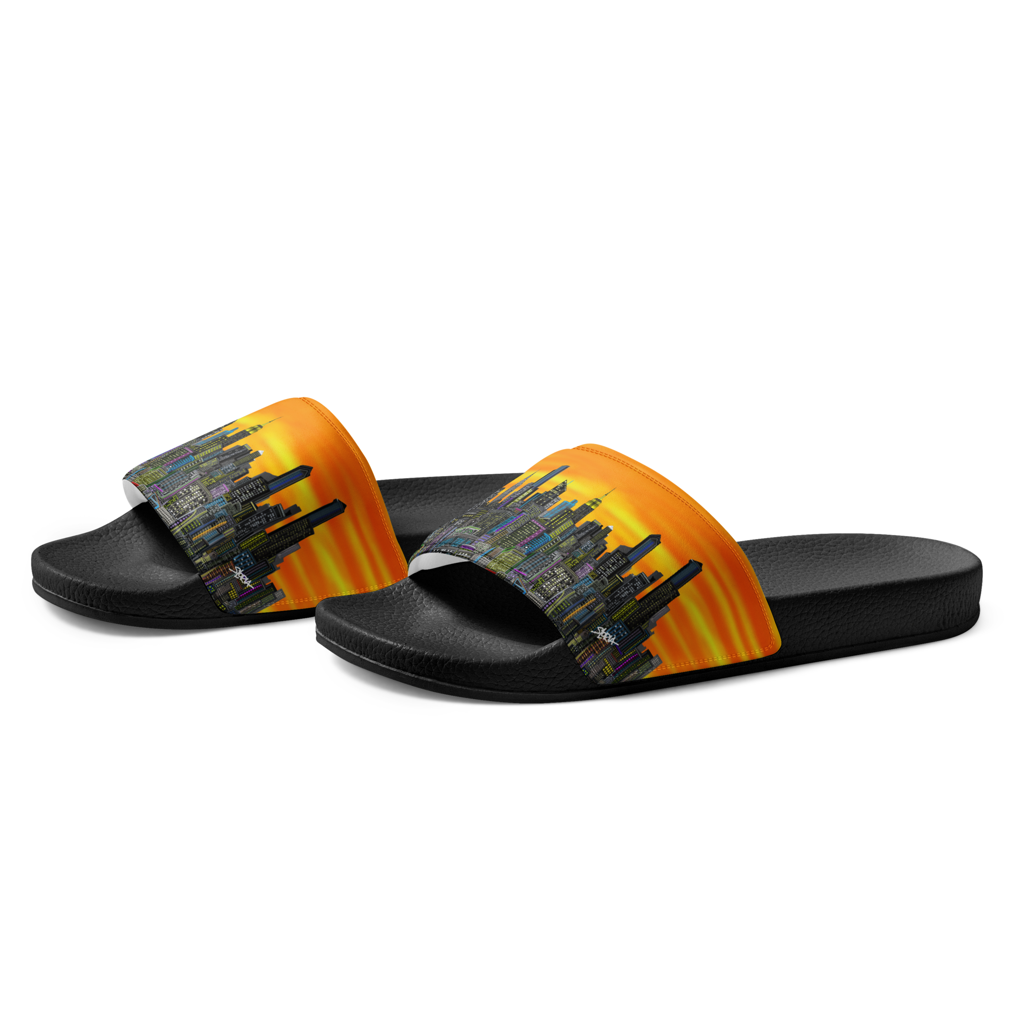 Black Loria NYC Art slides with orange and yellow design on a white background