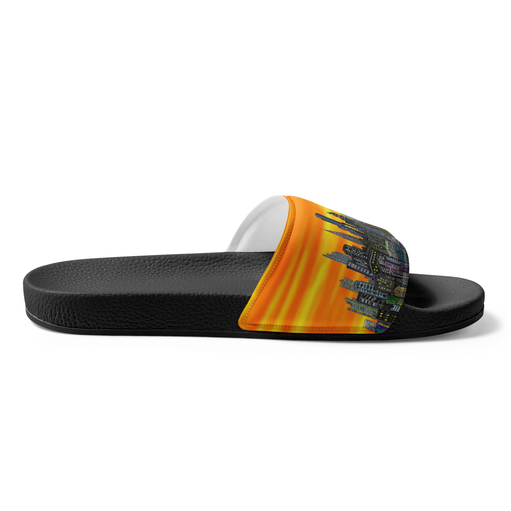 Black slide sandal with Loria NYC Art colorful strap on a white background
