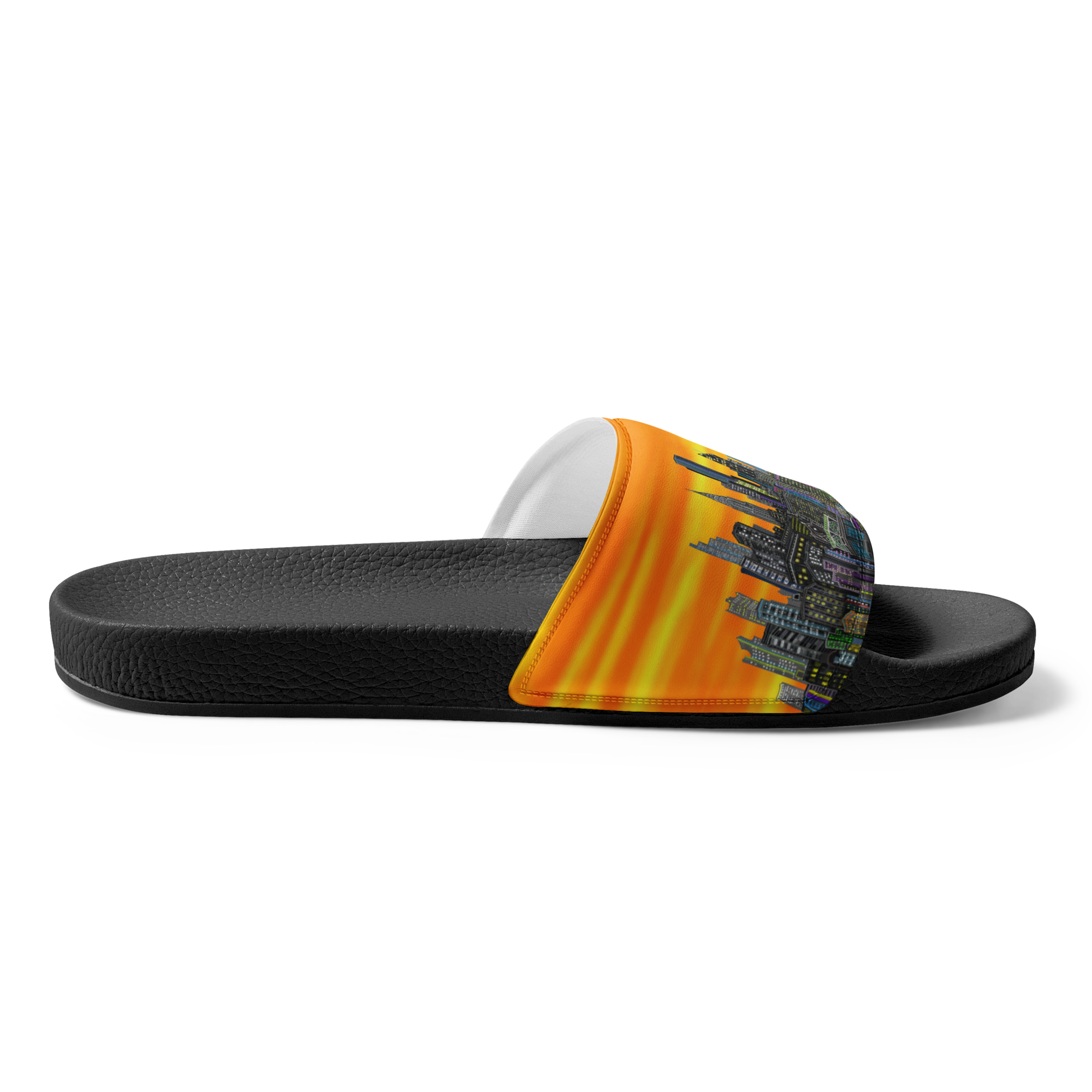 Black slide sandal with Loria NYC Art colorful strap on a white background