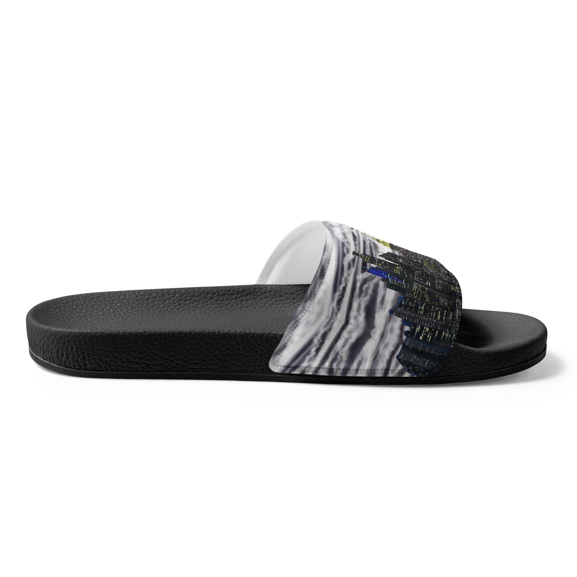Black Loria NYC Art slide sandal with a patterned strap on a white background