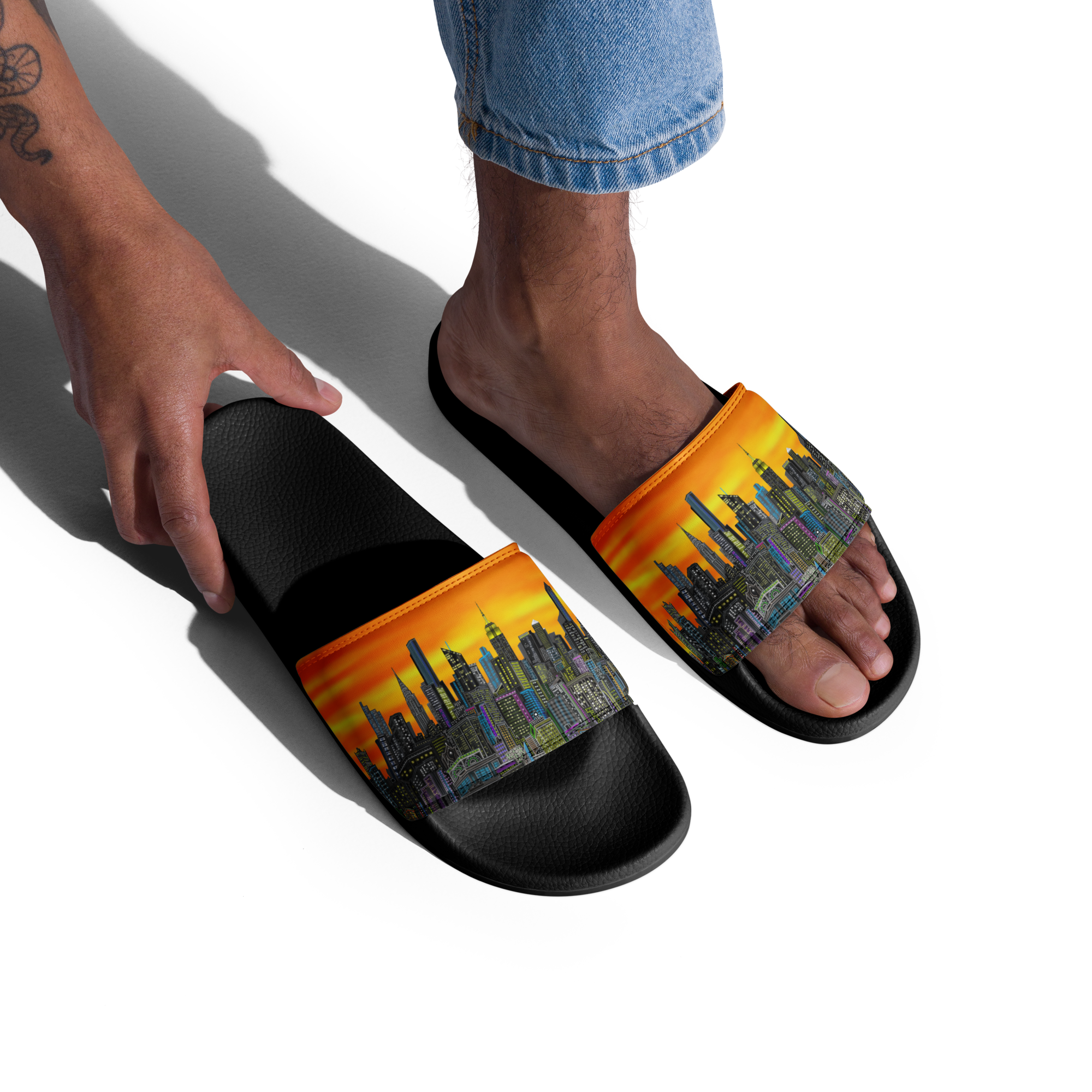Black slides with cityscape Loria NYC Art design on a white background