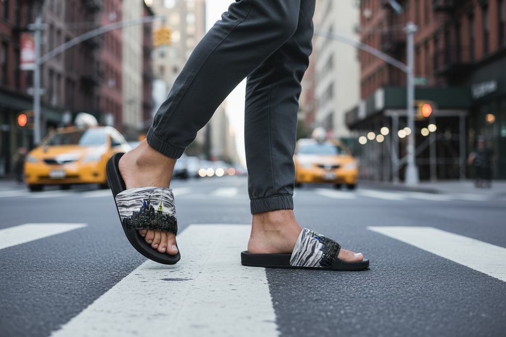 Person wearing sandals with a Loria NYC Art cityscape design on a city street.