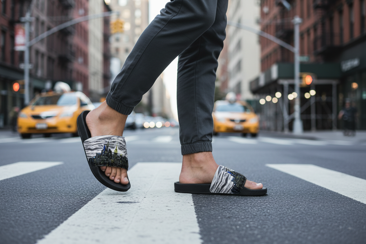 Person wearing sandals with a Loria NYC Art cityscape design on a city street.