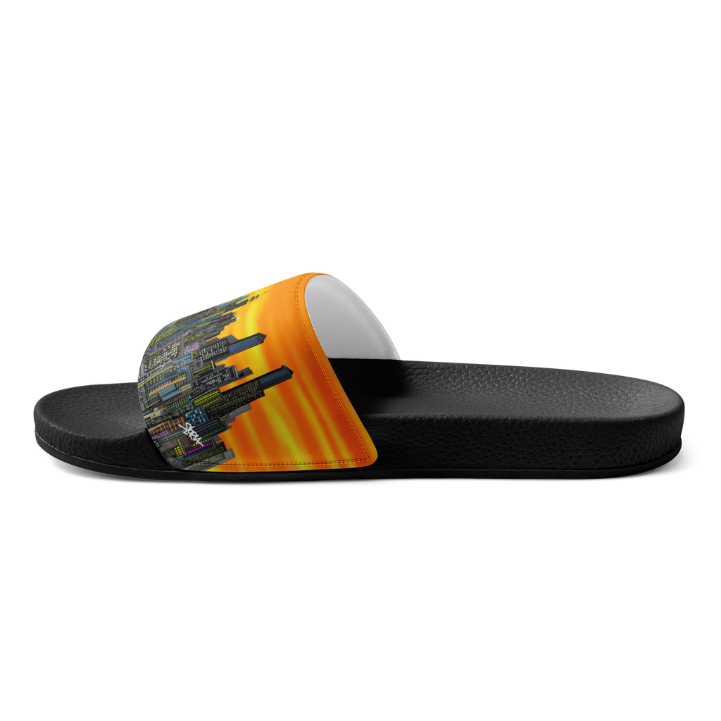 Black Loria NYC Art slide sandal with a colorful sole design on a white background