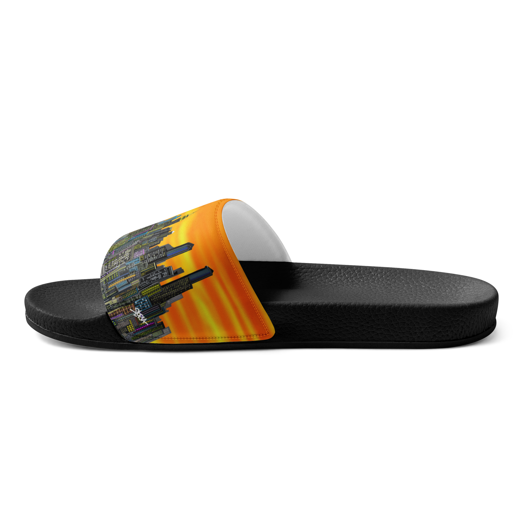 Black Loria NYC Art slide sandal with a colorful sole design on a white background