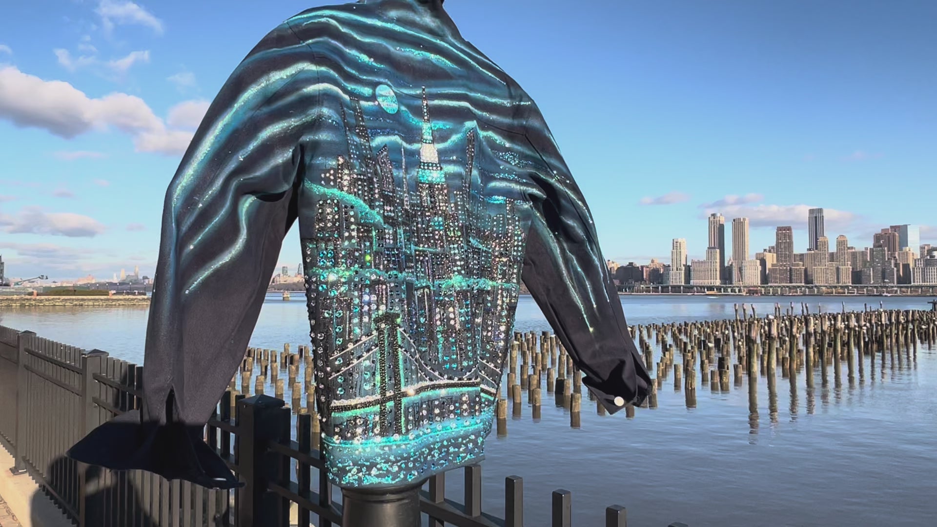 Video on a clear day of a  jacket covered in Loria NYC Art with skyline background