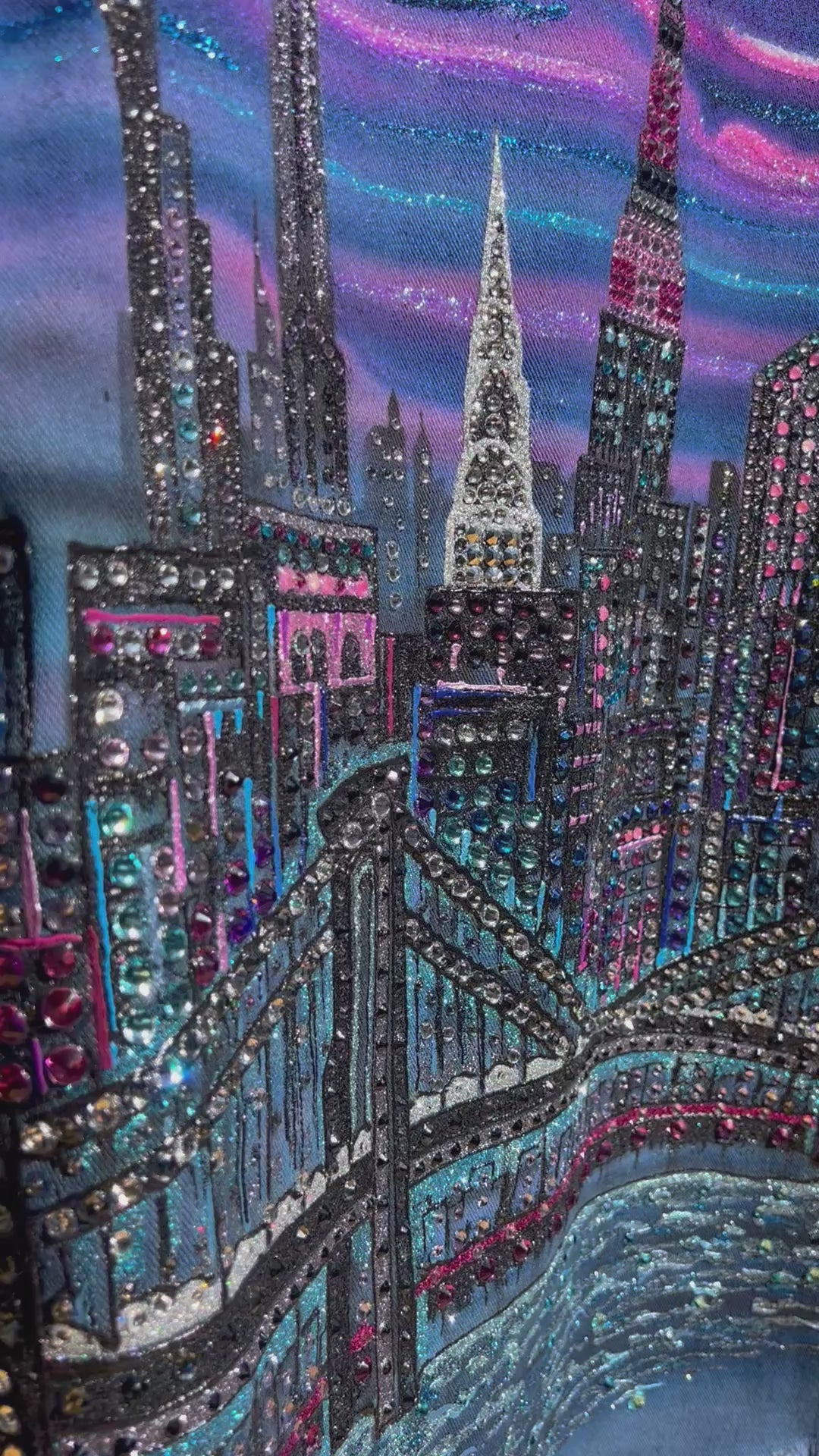 Colorful vibrant video of a Loria NYC Art jacket of the skyline