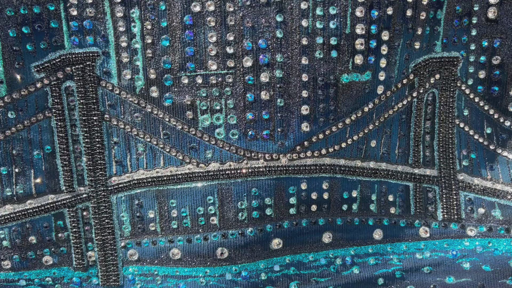 Video of a blue corduroy unique Loria NYC Art design with bridge and cityscape