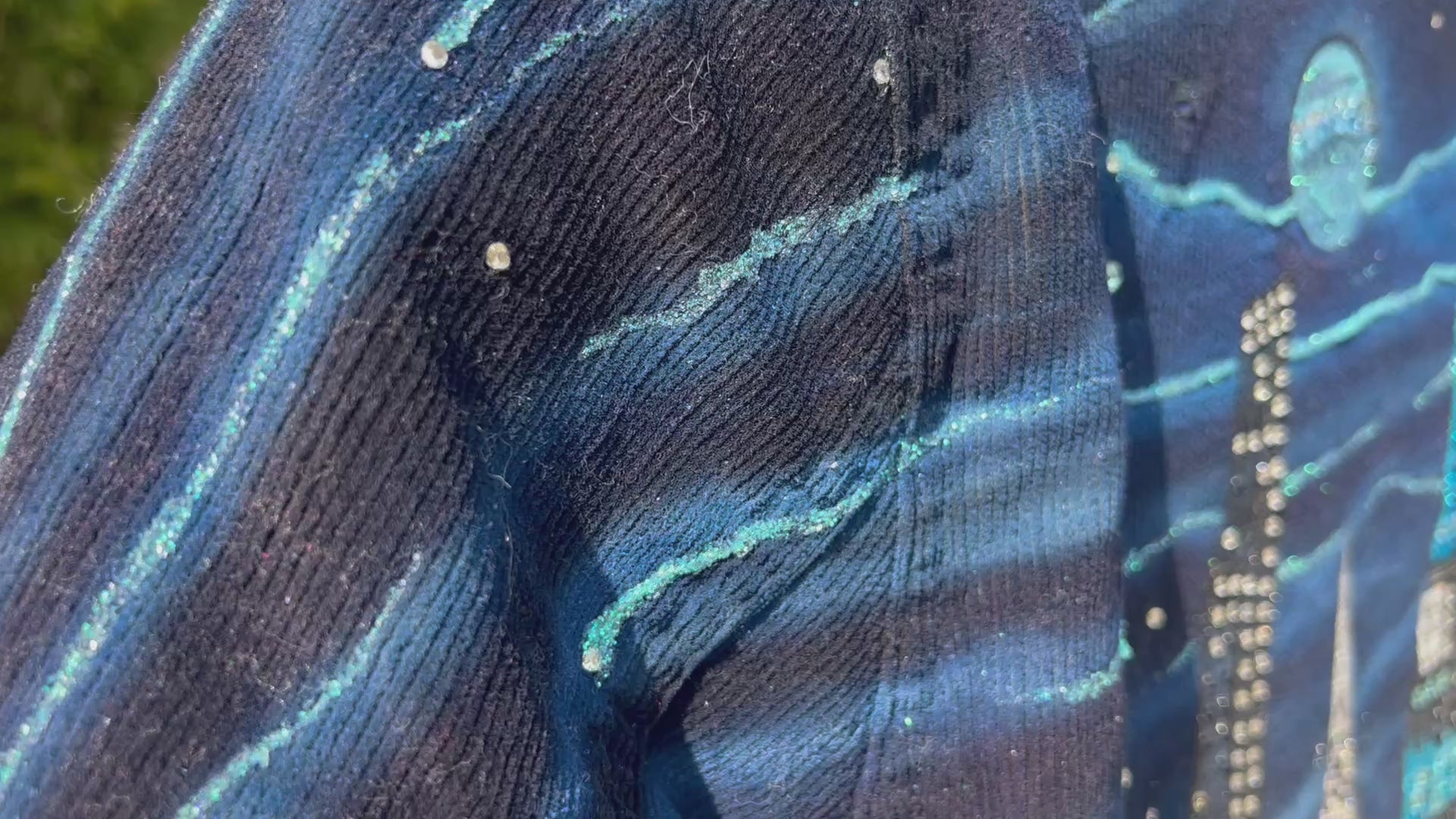 Blue corduroy Jacket of a  Loria NYC Art design with paint  and cityscape