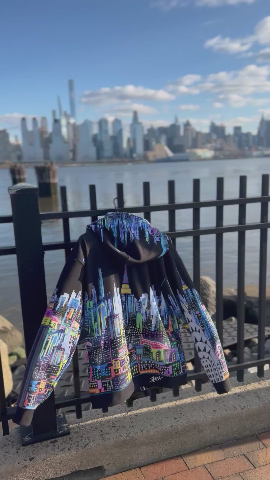 Video clip on Loria NYC Art hoodie with a blurred NYC skyline in the background 