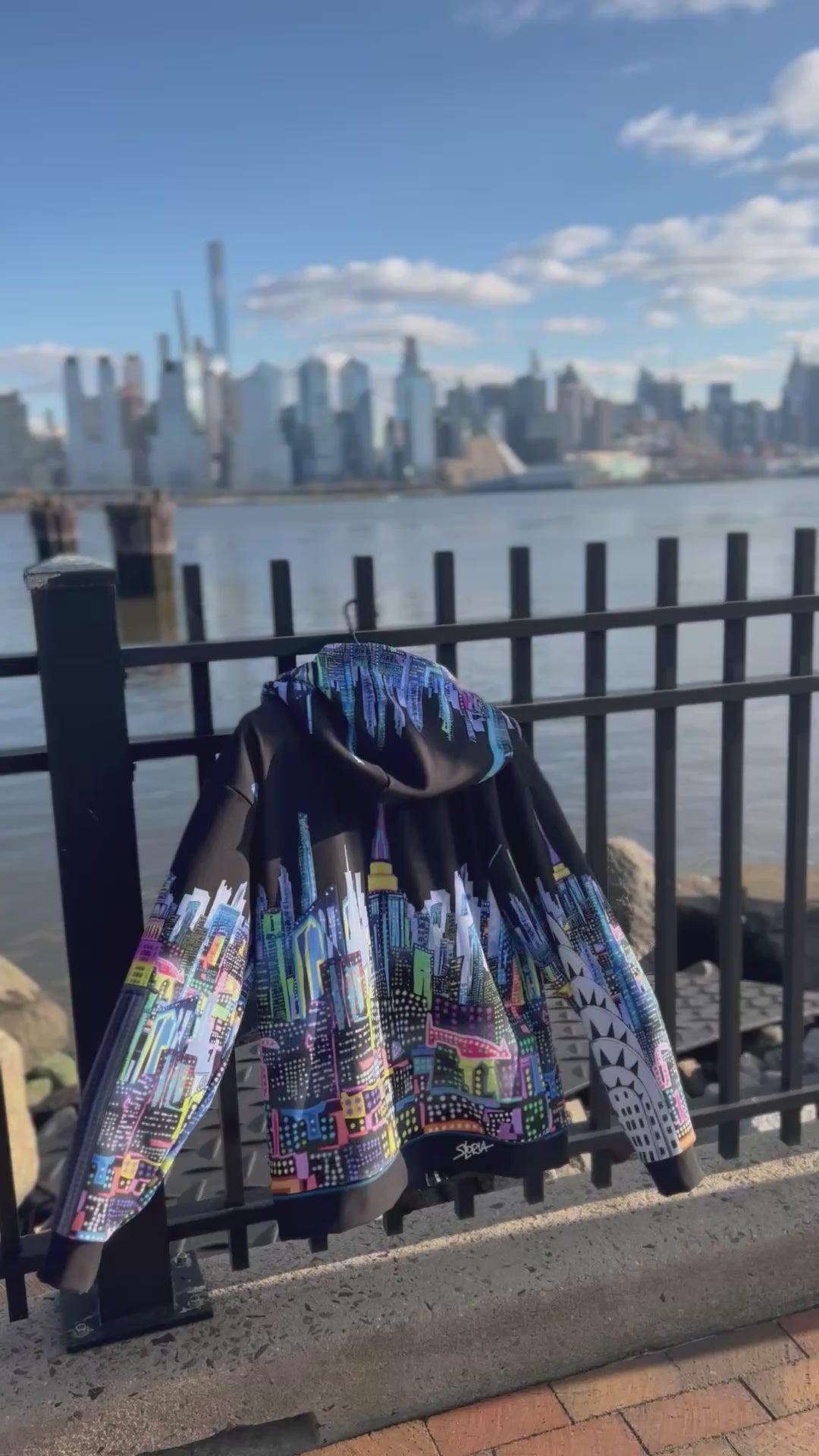 Video clip on Loria NYC Art hoodie with a blurred NYC skyline in the background 