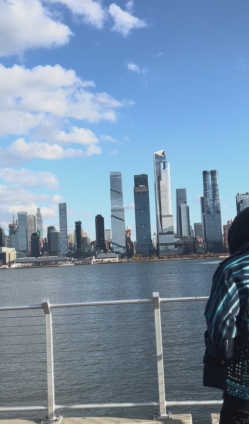 Vertical Video on a clear day of a man wearing a  jacket covered in Loria NYC Art with skyline background