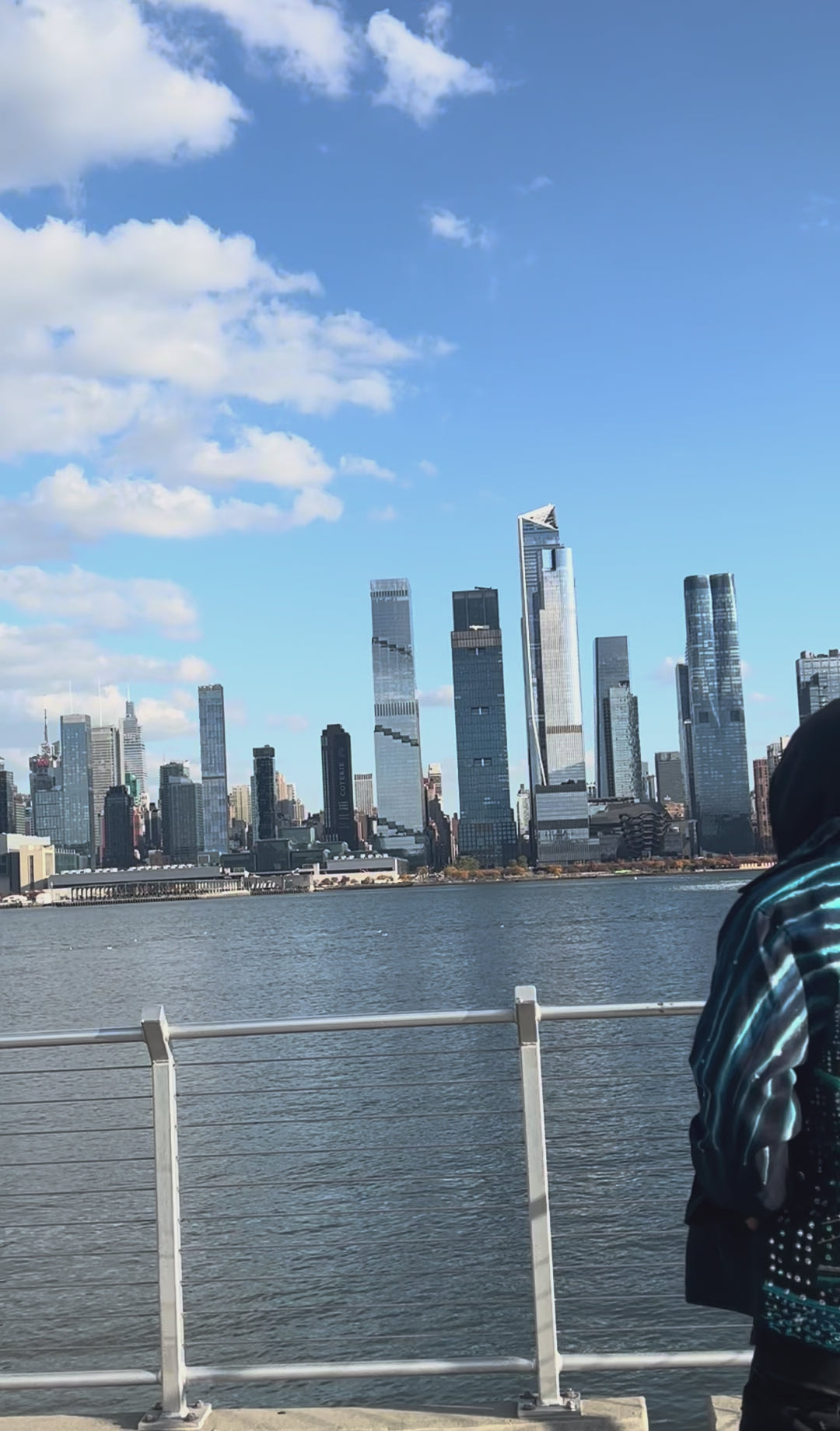 Vertical Video on a clear day of a man wearing a  jacket covered in Loria NYC Art with skyline background