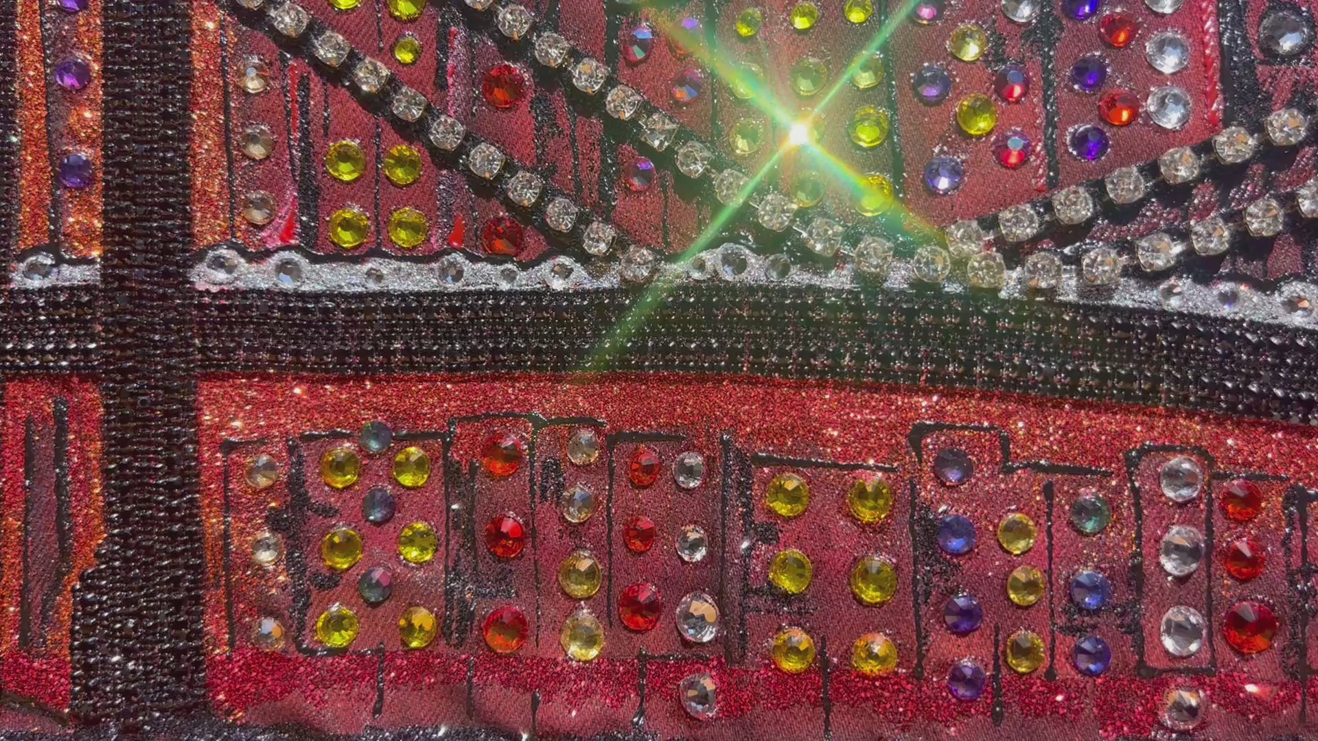  Loria NYC Art Video clip of detail colorful skyline on a red jacket