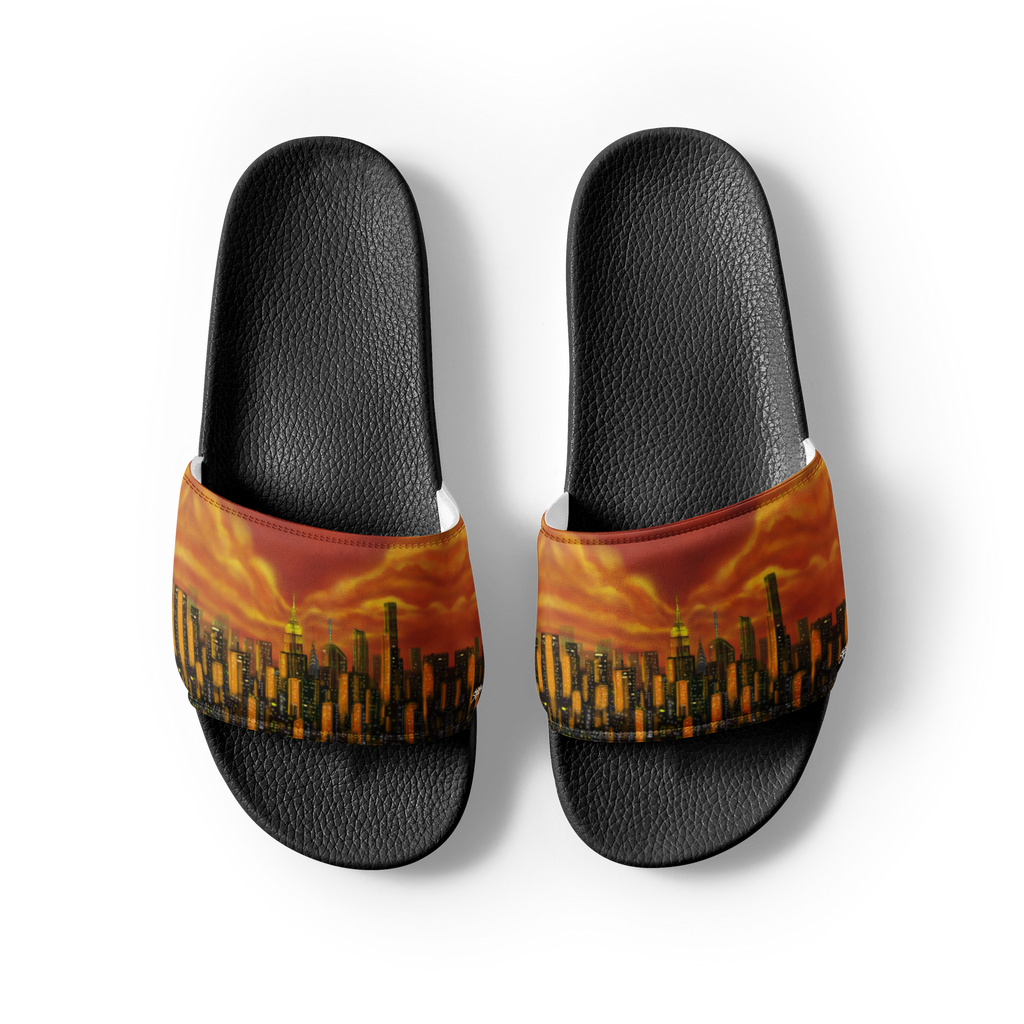 Black slide sandals with a Loria NYC Art cityscape design on a white background
