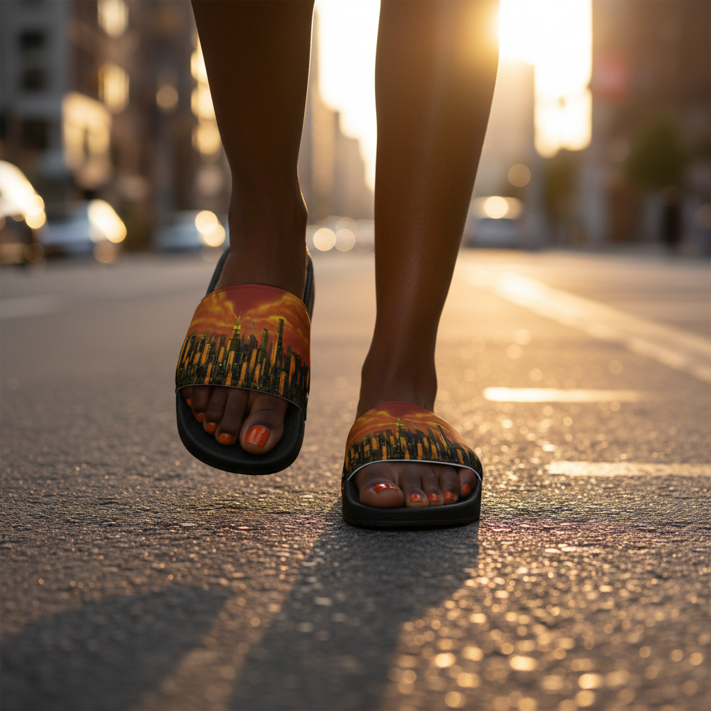 Person wearing colorful Loria NYC Art sandals on a city street at sunset.
