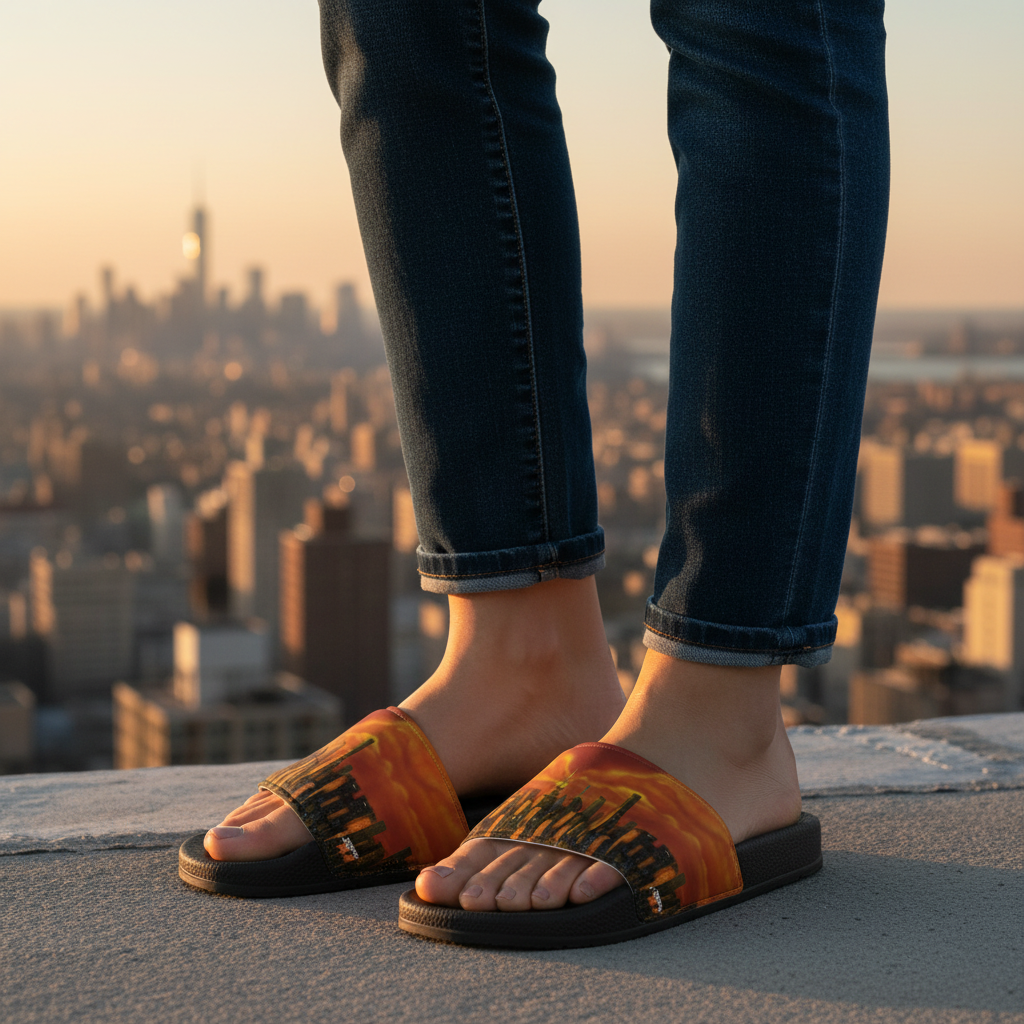 Person wearing orange Loria NYC Art sandals with a cityscape in the background