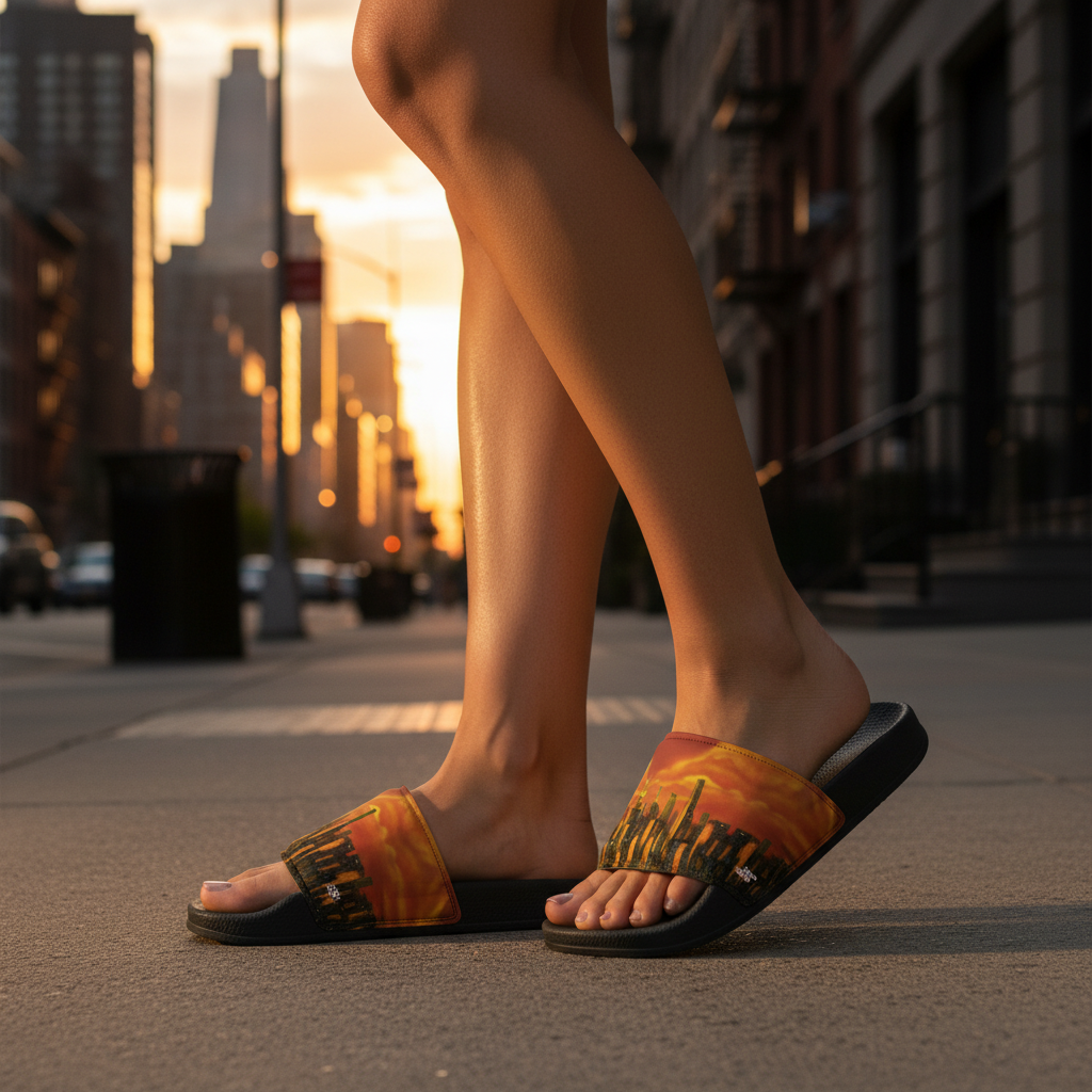 Person wearing colorful Loria NYC Art sandals on a city street at sunset