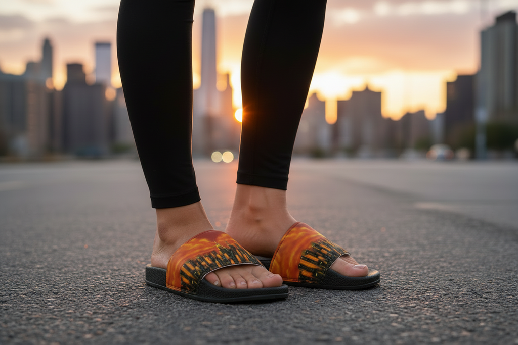 Person wearing black leggings and orange Loria NYC Art sandals with a cityscape in the background during sunset.