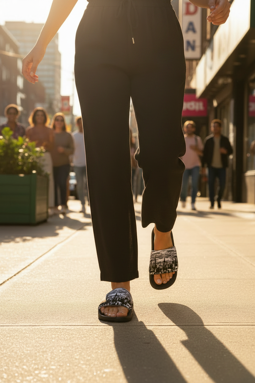 Women wearing Loria NYC Art sandals on a city street at sunset walking forward.