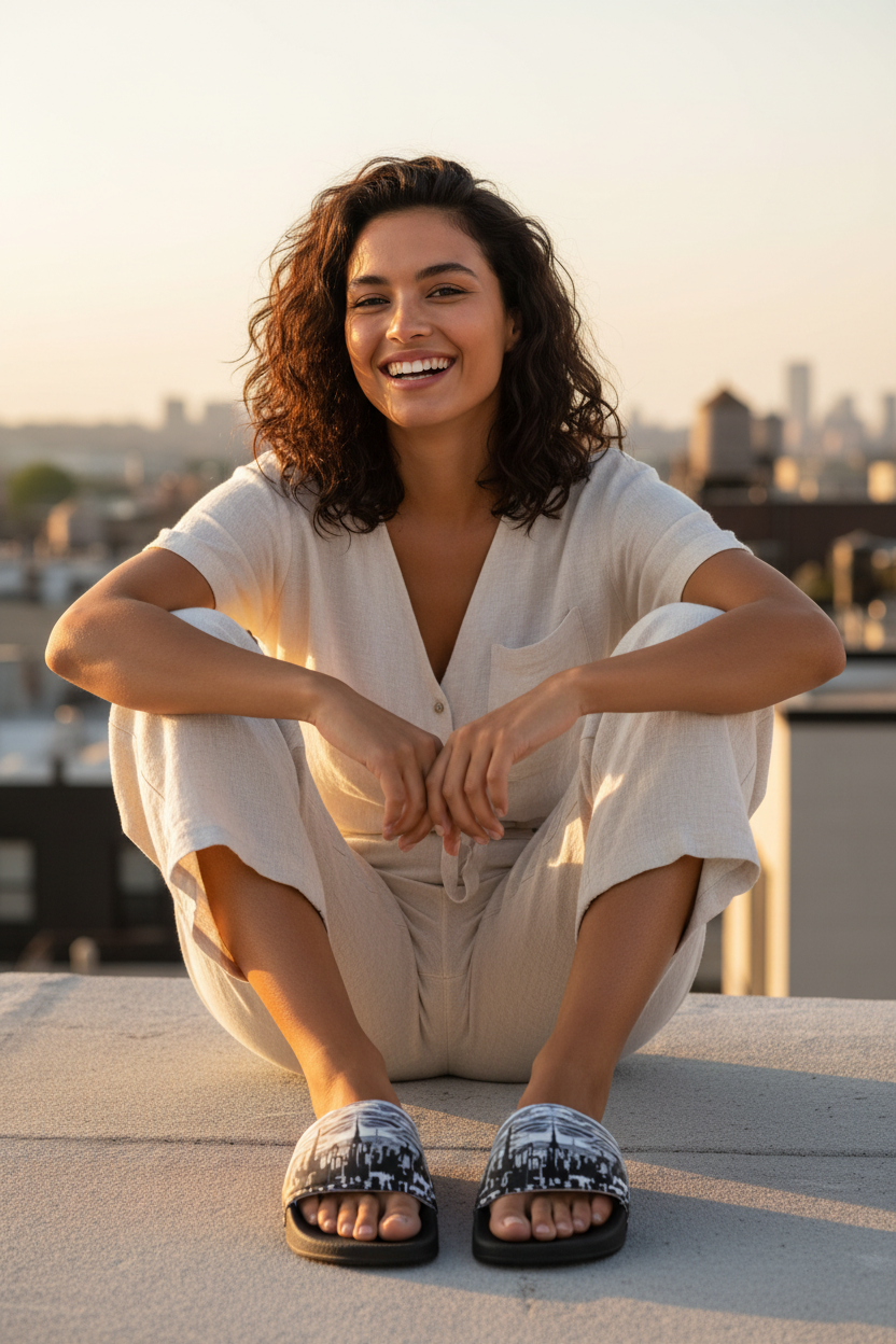 Women sitting wearing Loria NYC Art sandals on a roof.