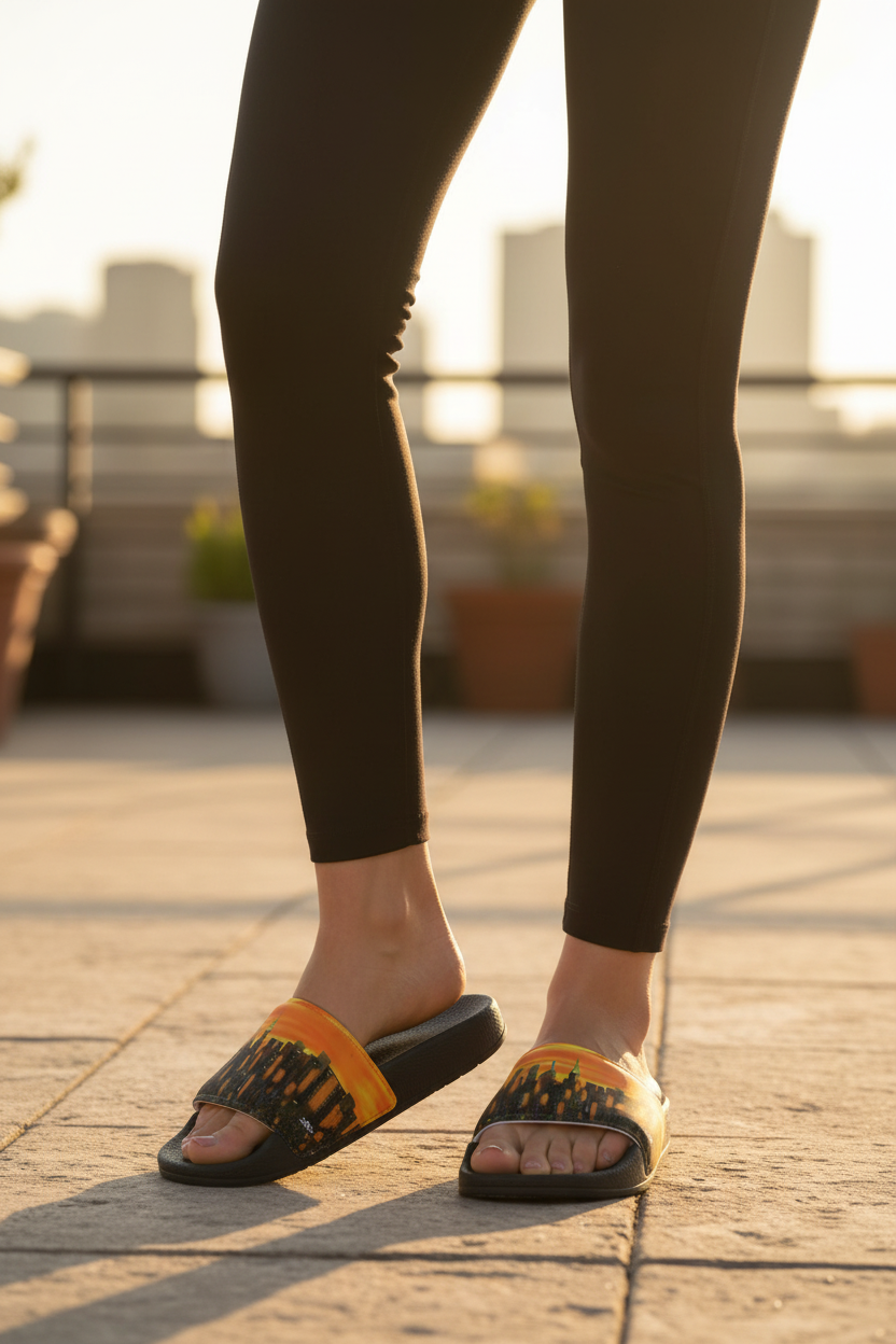 Women wearing black leggings and Loria NYC Art orange sandals standing on a roof top .