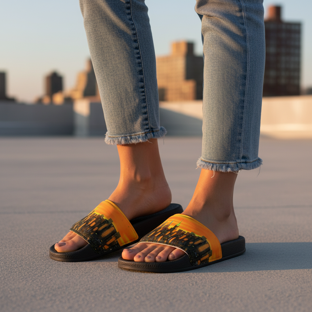 Person wearing yellow and black Loria NYC Art sandals with blue jeans on a rooftop.