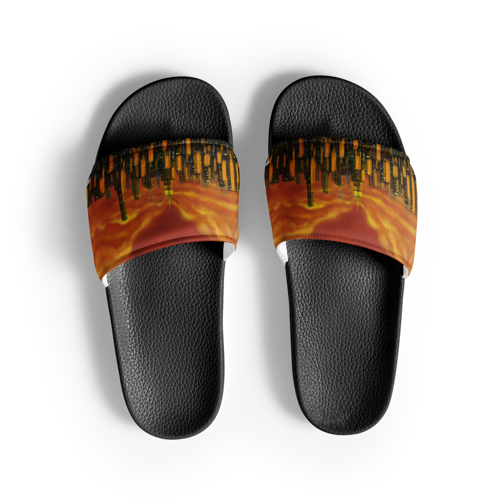 Black slide Loria NYC Art sandals with colorful band design on a white background